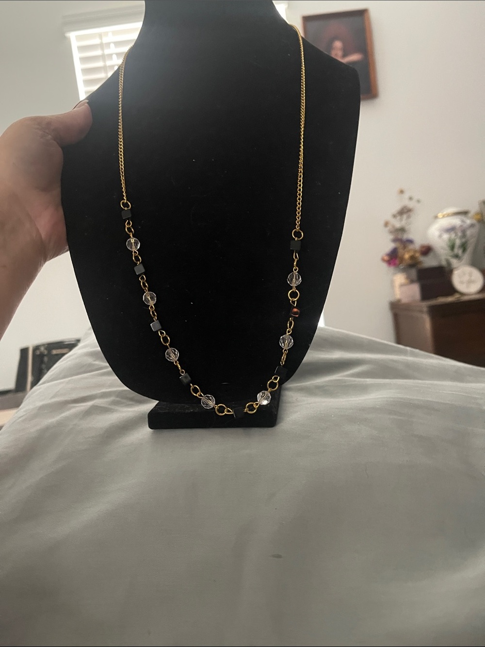Gold Chain Necklace with Clear Beads - Women Jewelry